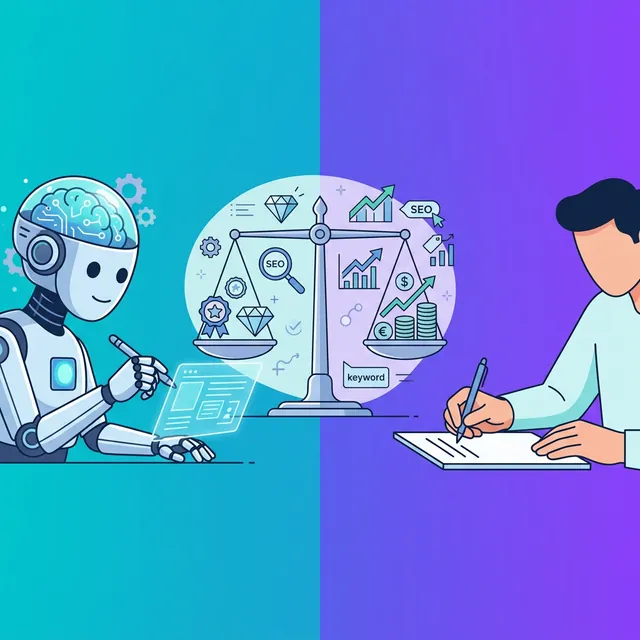 AI 글 vs 사람 글 비교 — 로봇과 사람이 각각 글을 쓰는 모습과 비교 저울 일러스트
