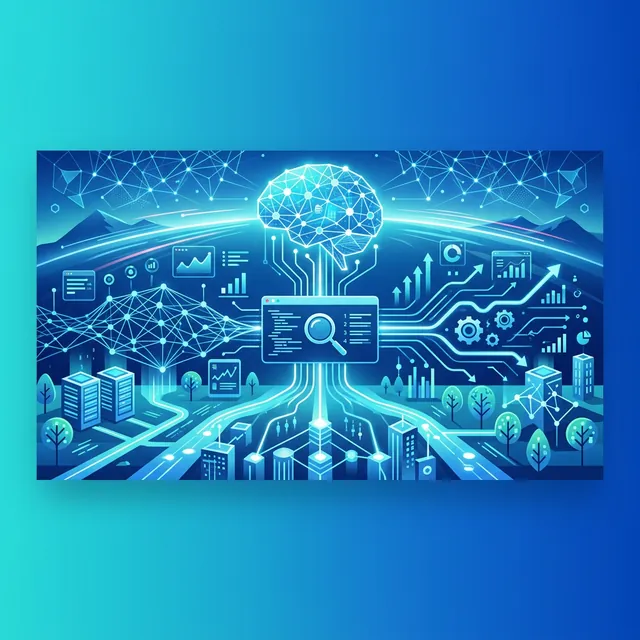 AI SEO — AI 두뇌와 검색 엔진이 연결된 미래형 일러스트