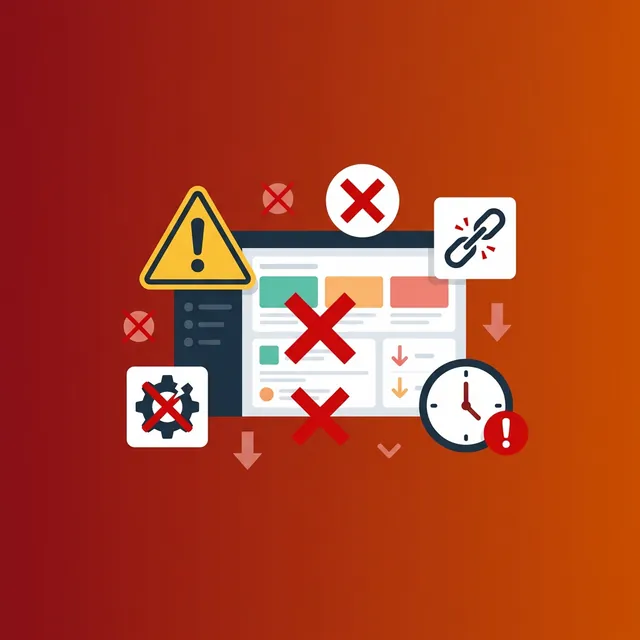 블로그 자동화 초보 실수 — 경고 표시와 잘못된 설정 아이콘이 있는 대시보드 일러스트