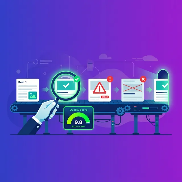 자동 포스팅 품질 관리 — 컨베이어 벨트 위 블로그 글이 품질 검사를 통과하는 일러스트