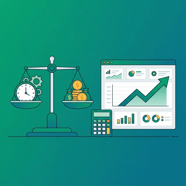블로그 자동화 ROI 분석 — 시간과 비용을 비교하는 저울과 상승 그래프 일러스트