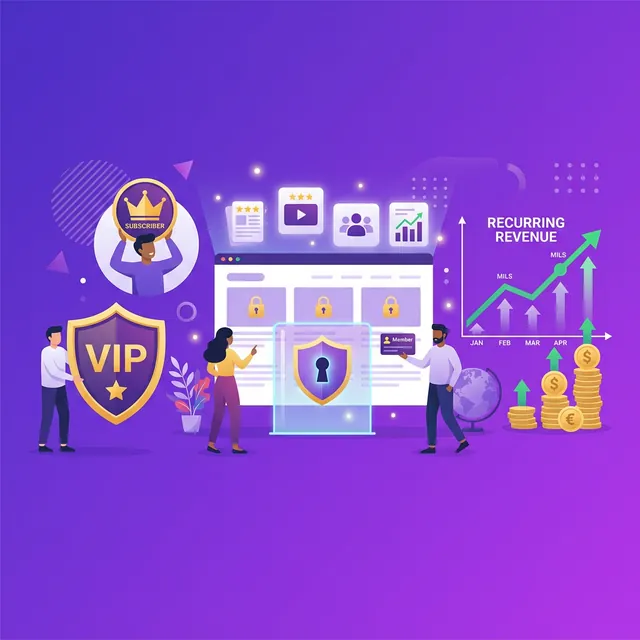 블로그 멤버십 모델 — VIP 배지와 유료 구독 반복 수익 그래프 일러스트