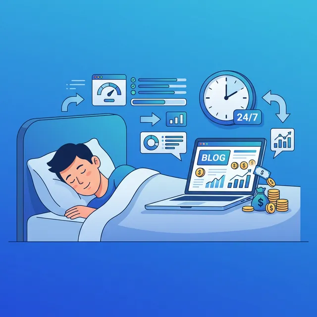 블로그 패시브 인컴 — 노트북이 자동으로 수익을 생성하는 24/7 오토파일럿 일러스트