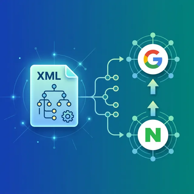 블로그 사이트맵 제출 — XML 사이트맵에서 검색 엔진으로 연결되는 URL 트리 일러스트