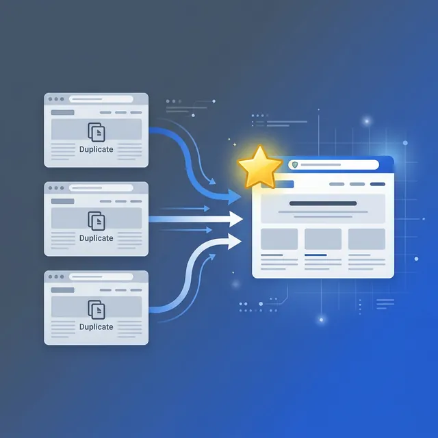 Canonical URL 가이드 — 중복 페이지가 하나의 정규 URL로 합쳐지는 일러스트