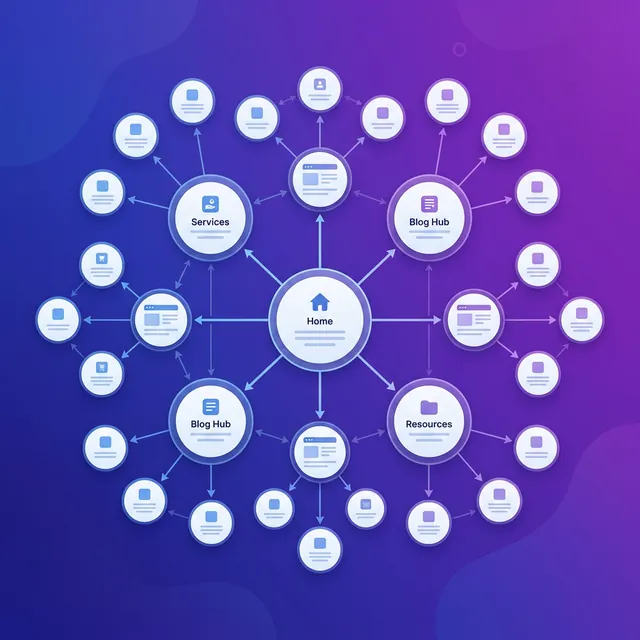 내부 링크 SEO 전략 — 허브 페이지와 클러스터 페이지가 화살표로 연결된 네트워크 일러스트