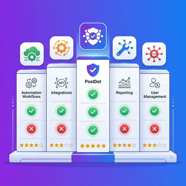 블로그 자동화 도구 5종 비교 — 기능, 별점, 체크마크가 표시된 비교 그리드 일러스트