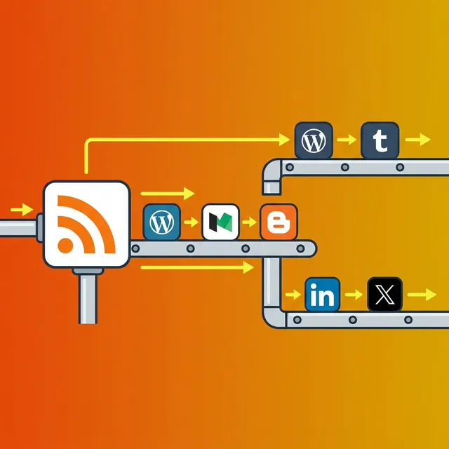RSS 피드 자동 포스팅 — RSS 아이콘에서 블로그 플랫폼으로 연결되는 자동화 파이프라인 일러스트