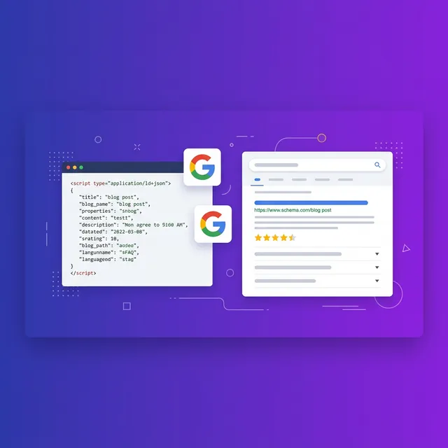 블로그 구조화 데이터 — JSON-LD 코드와 리치 스니펫 검색 결과 미리보기 일러스트