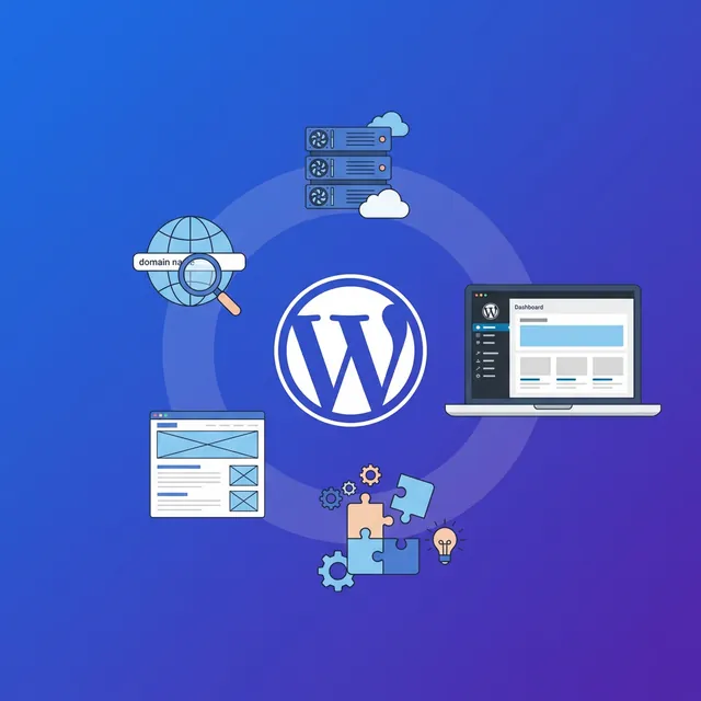 워드프레스 블로그 만들기 — 호스팅, 도메인, 테마, 플러그인이 연결된 블로그 개설 흐름 일러스트