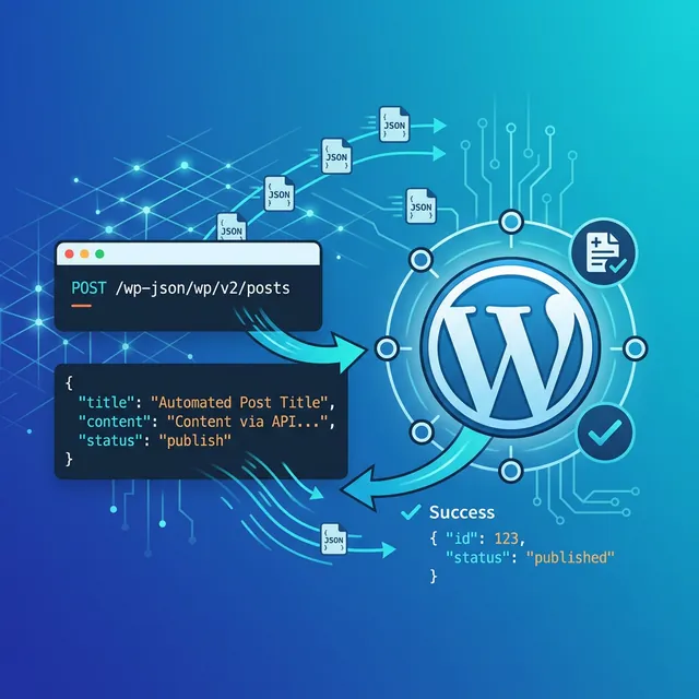 WordPress REST API 자동 포스팅 — API 엔드포인트와 JSON 데이터 흐름 일러스트